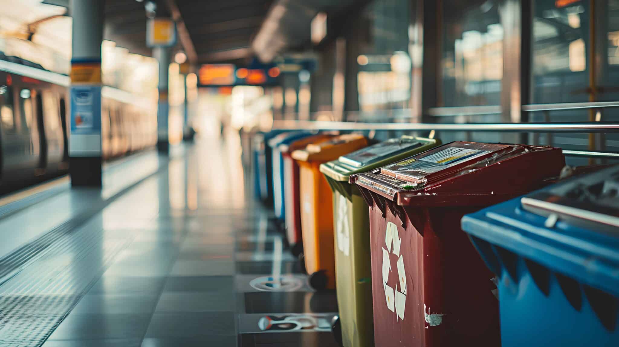 Bustling public transportation hub during peak hours with clearly marked recyclable waste stations and eco-friendly practices in place.