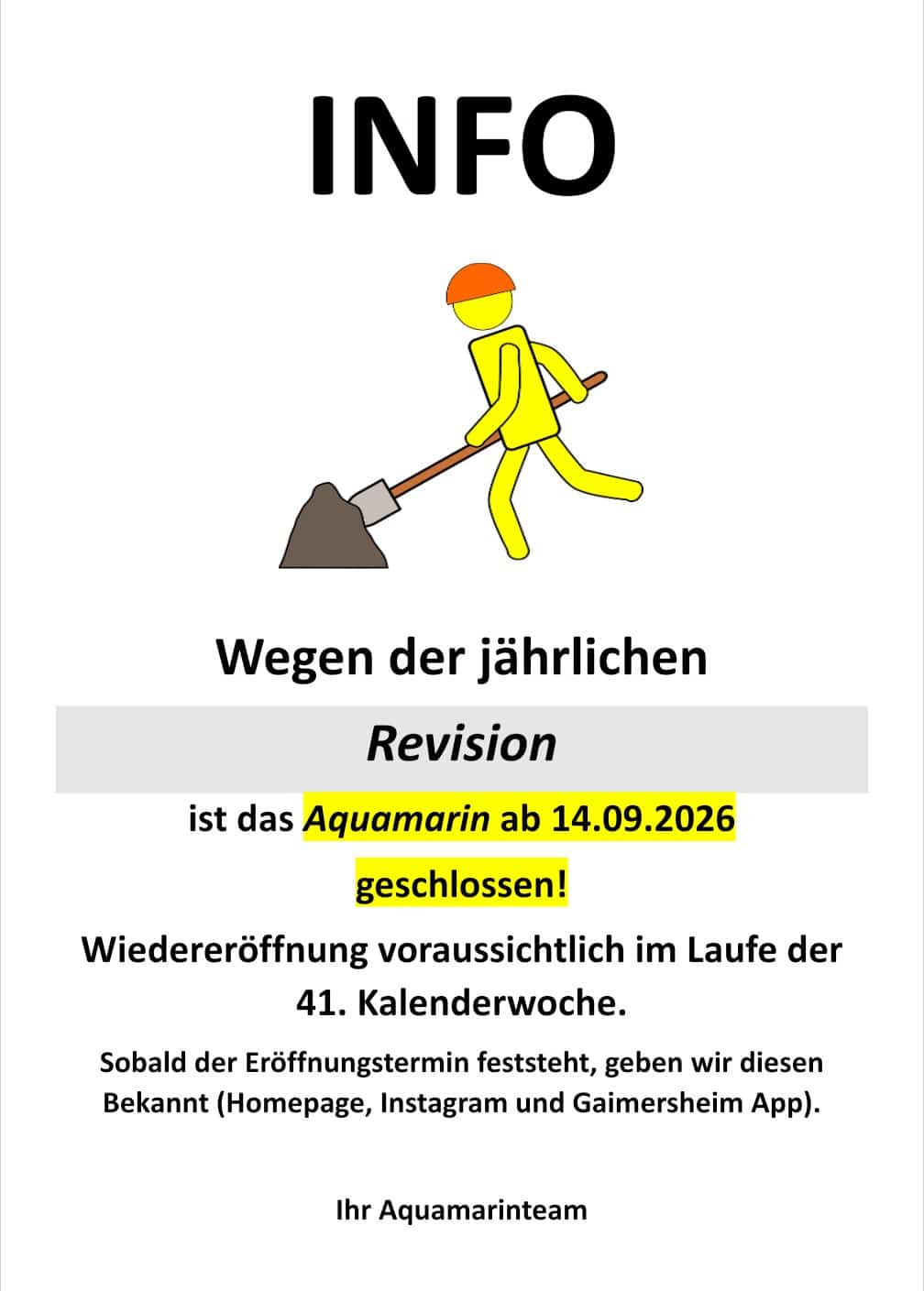 Information: Aquamarin ab 14.09.2026 wegen Revision geschlossen